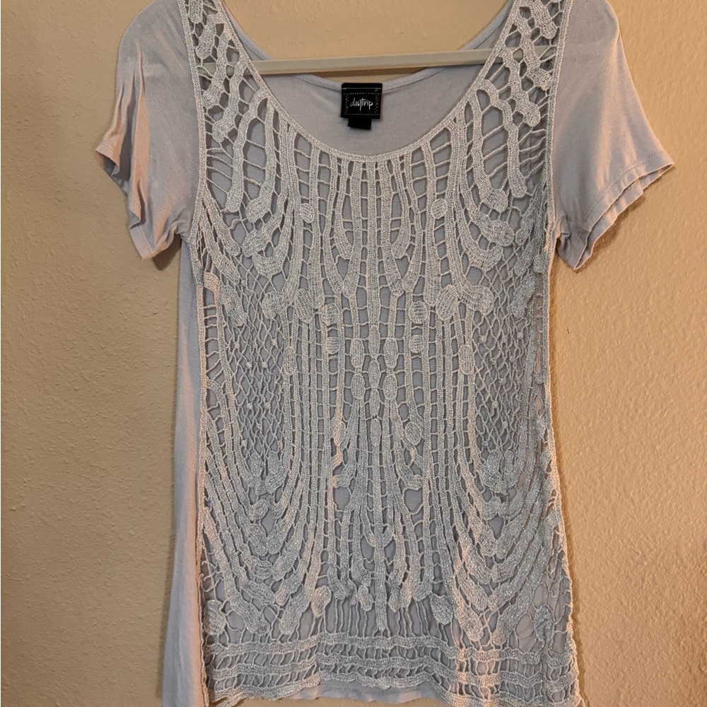 Daytrip Short Sleeve Lace Overlay Top - Light Gray